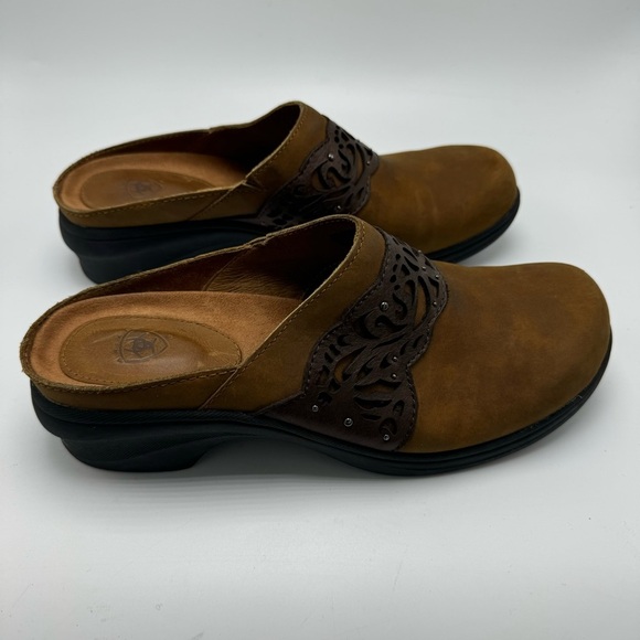 Ariat Suede Leather Mule Slip On Clog Brown Toiled Size 9.5 B Heeled Style 21435 - Picture 2 of 8